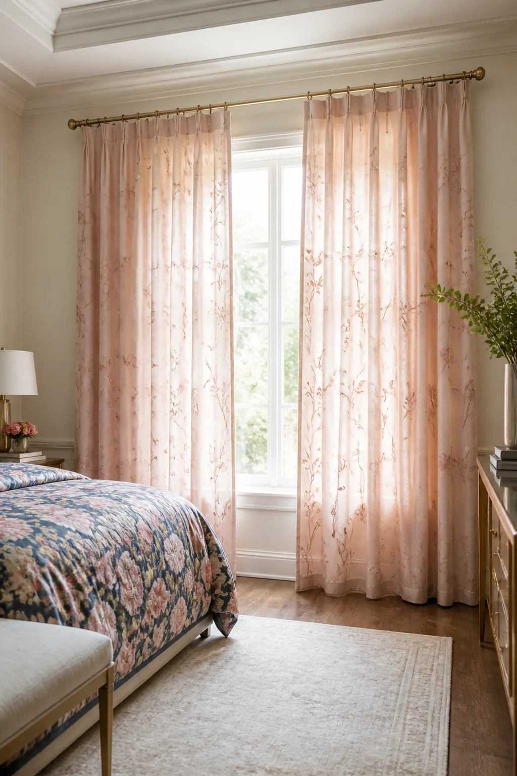 Wide interior shot of a serene bedroom with soft blush floral-embroidered curtains hung high and wide from ceiling to floor, 