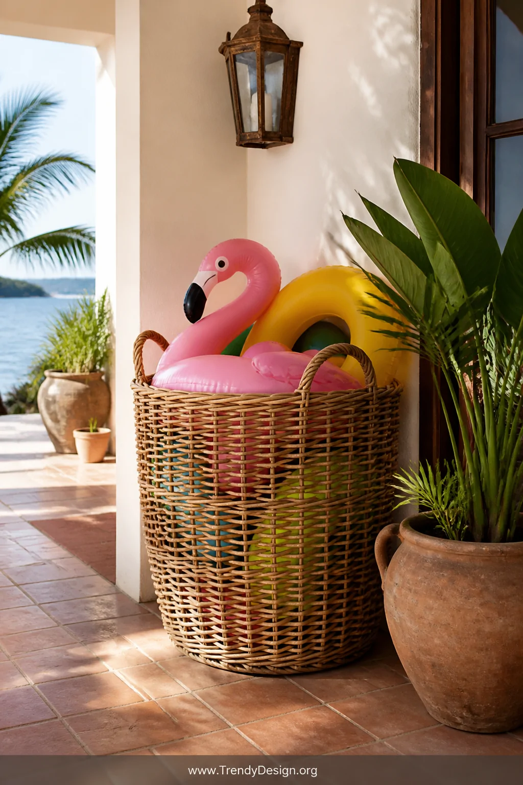 A medium shot of a large natural wicker laundry basket with open-weave texture sitting in the corner of a sun-drenched patio,