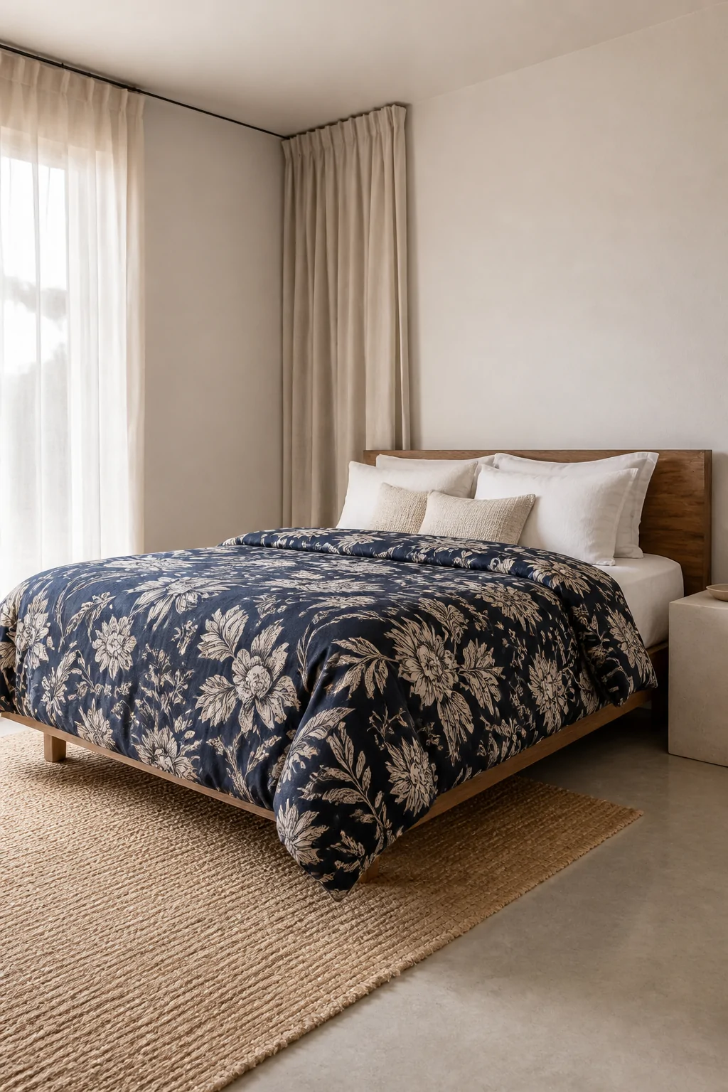 Wide shot of a serene bedroom featuring a single bold botanical-print floral duvet in deep navy and cream on a minimalist low