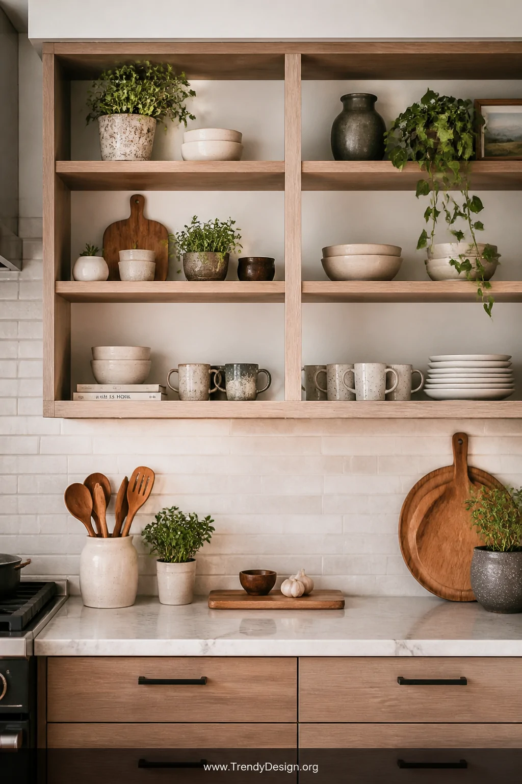 Medium shot of a kitchen wall with upper cabinet doors removed revealing open shelving styled with stacked neutral ceramic bo