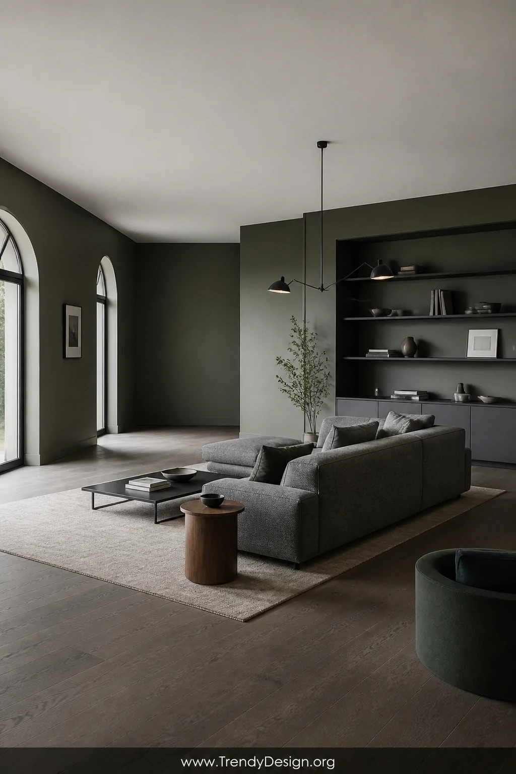 Wide shot of an open, intentionally sparse living room with a dark grey and sage palette, sofa floated away from the wall tow