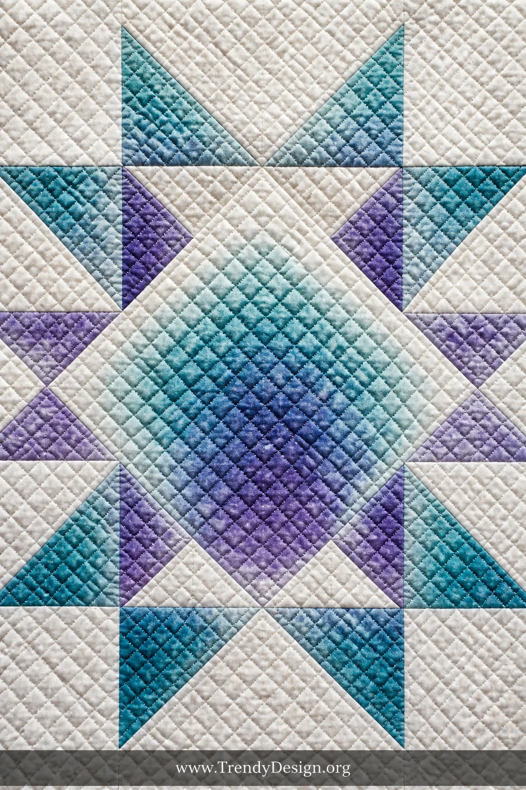 Close-up overhead flat-lay shot of a quilt block featuring crisp 45-degree crosshatch grid stitching inside star diamond and 
