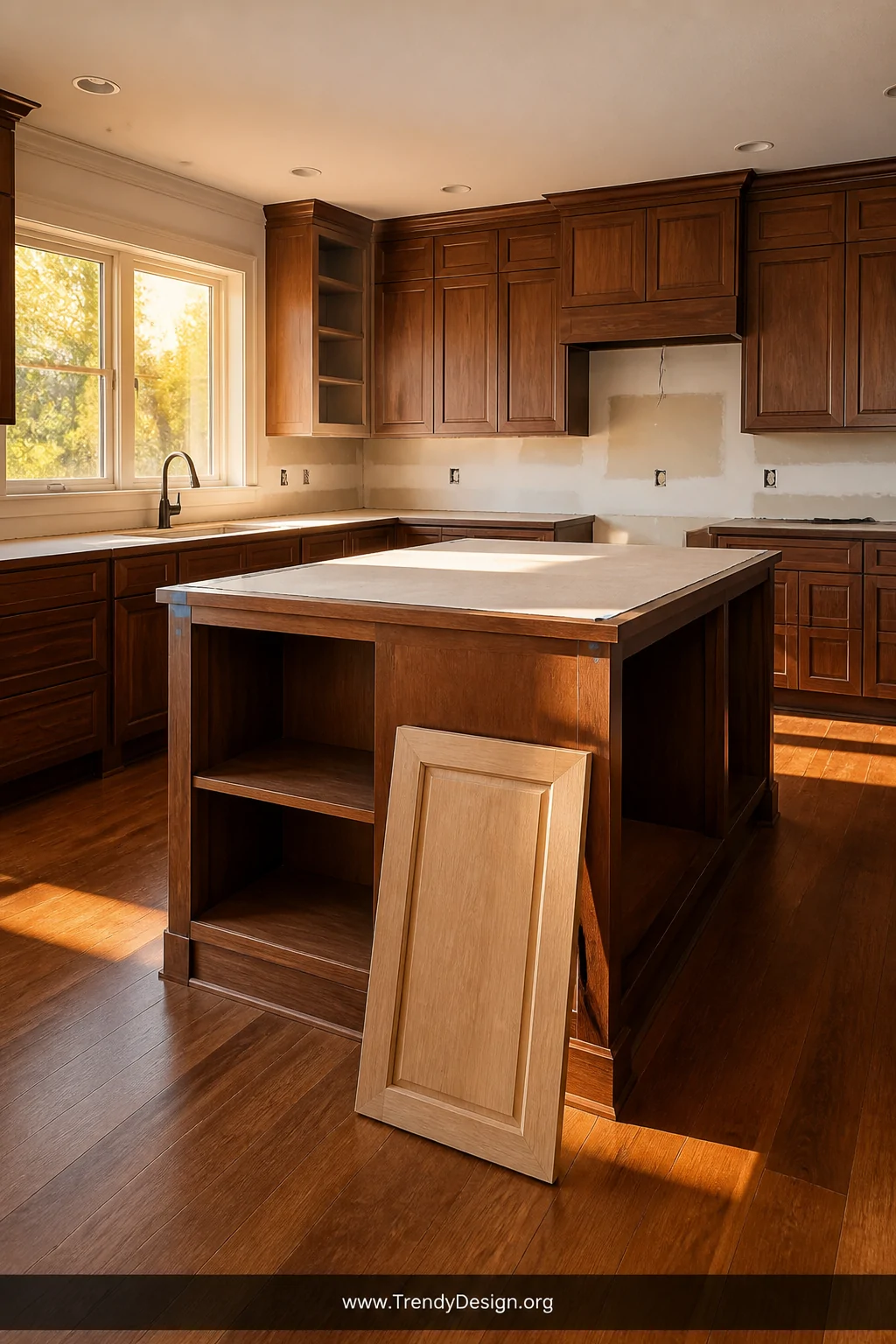 Wide shot of a kitchen mid-refinishing transformation, solid wood cabinet boxes with beautifully sanded and freshly refinishe