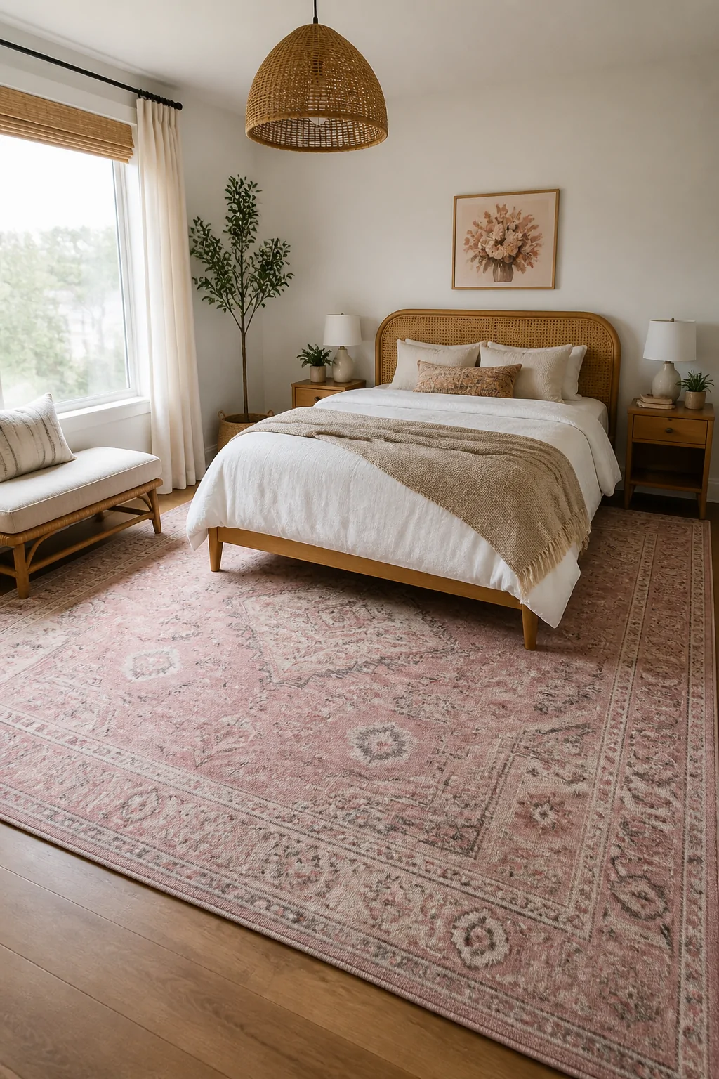 Wide-angle photorealistic shot of a small bedroom where a generously oversized pink boho area rug is placed under the full be