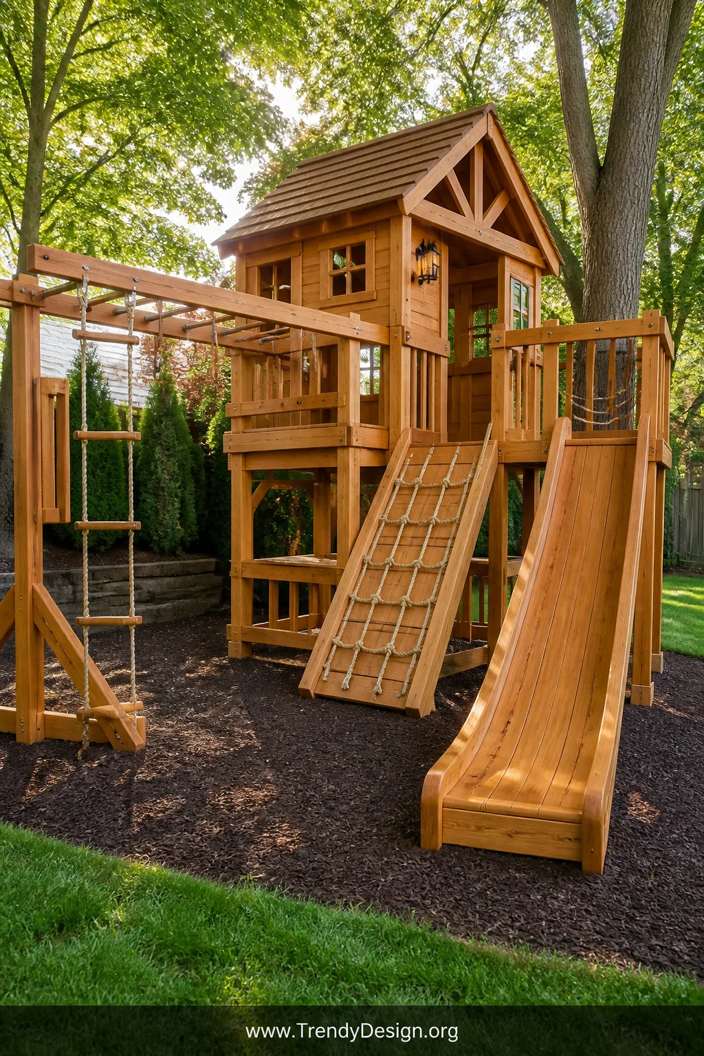 Wide-angle photorealistic shot of a grand custom-built cedar wood play structure in a lush green backyard, featuring a natura