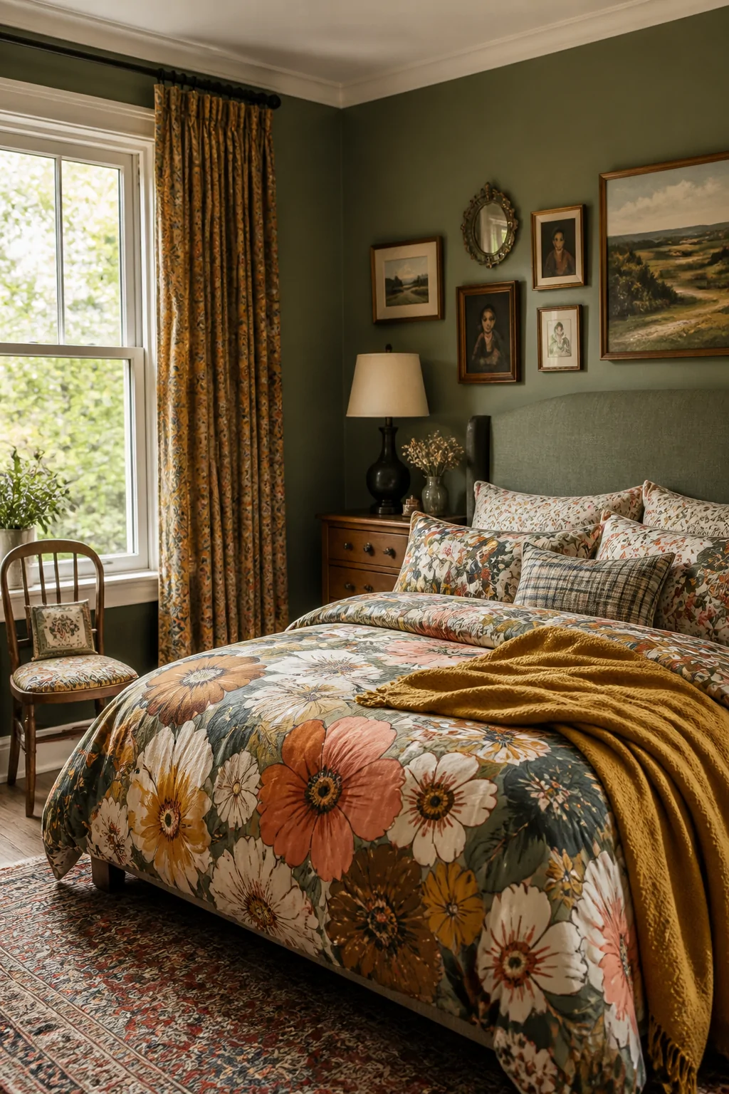 A wide bedroom shot showcasing a confident maximalist bed layered with a large-scale multicolored floral duvet paired with sm