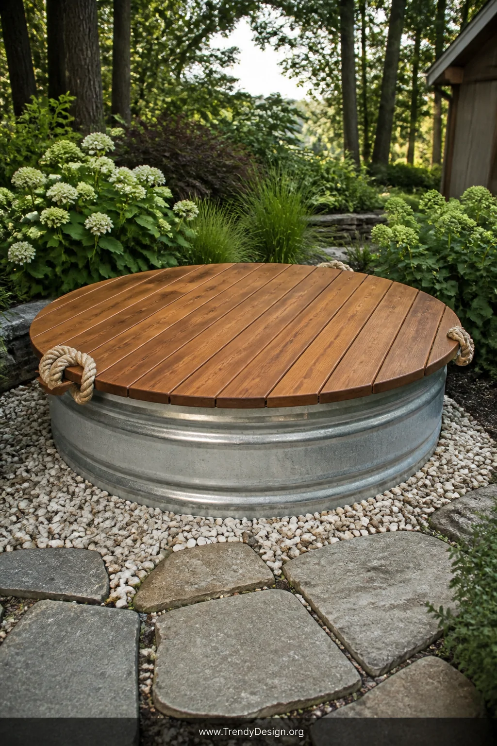 Wide outdoor shot of a circular cedar wood deck lid resting over a galvanized stock tank pool, boards cut precisely to fit wi