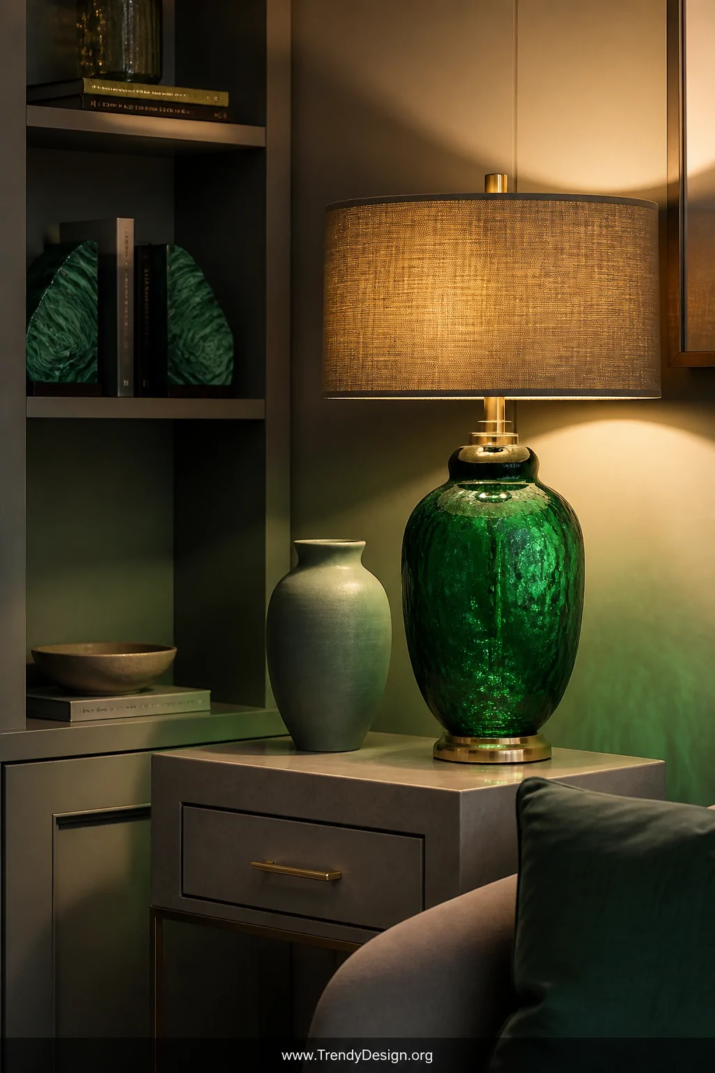 Medium close-up shot of a grey living room side table styled with a glowing emerald green glass table lamp casting warm color