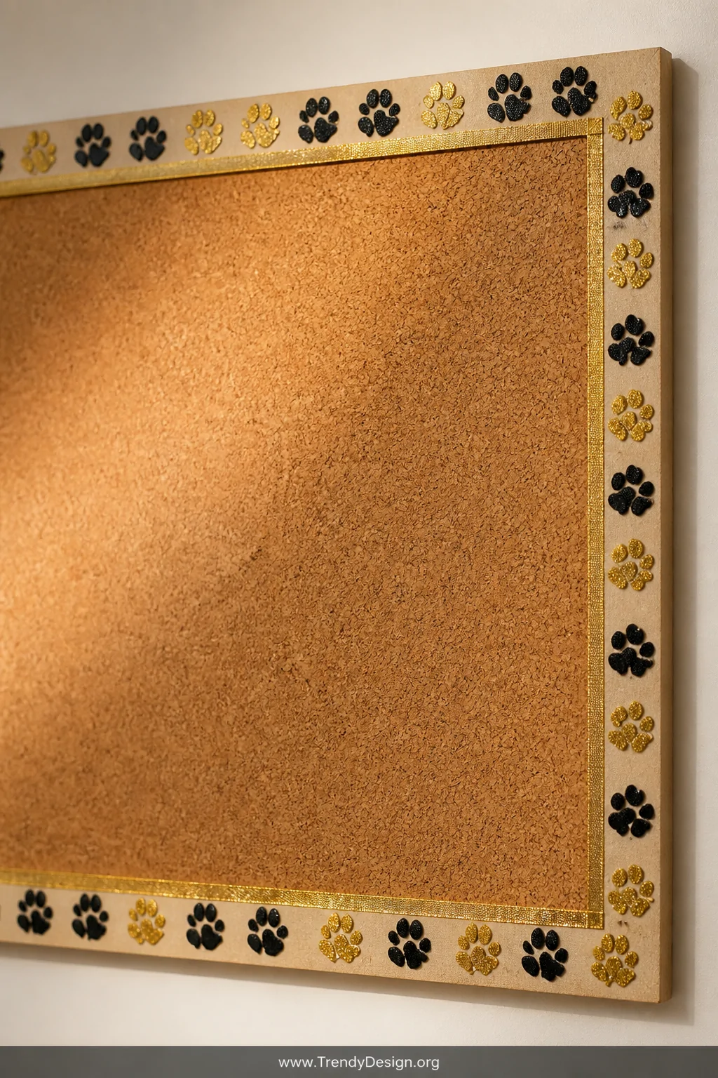 A close-up detail shot of a rectangular corkboard mounted on a white wall, featuring an alternating black and gold foam-stamp