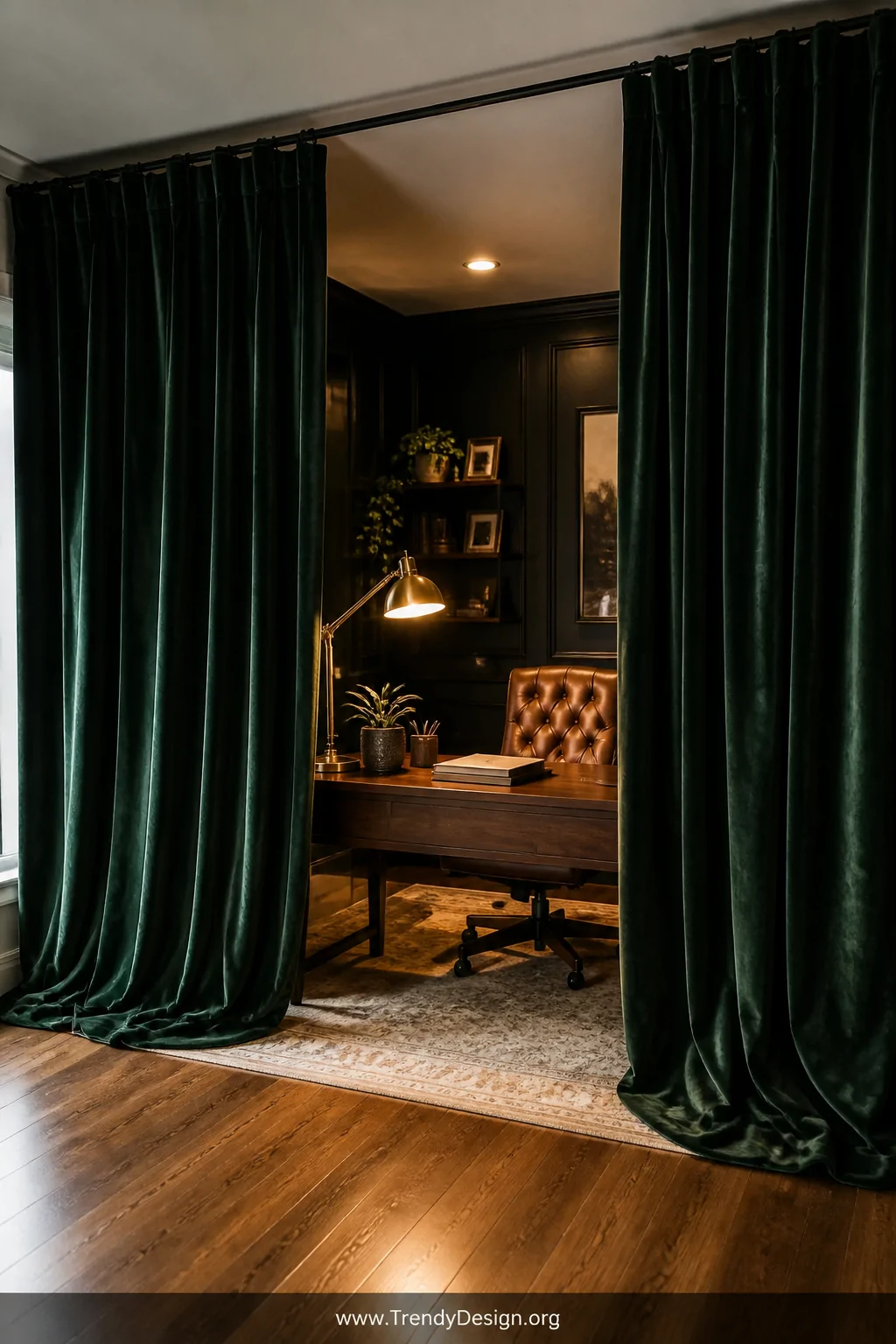Dramatic wide-angle photorealistic shot of a moody home office enclosed by floor-length deep emerald velvet curtains hanging 