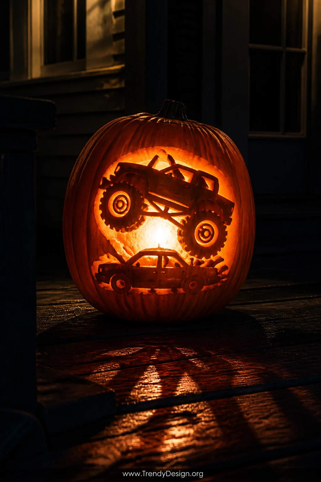 A wide shot of a large Halloween display pumpkin carved with a dramatic monster truck mid-jump silhouette with chunky oversiz