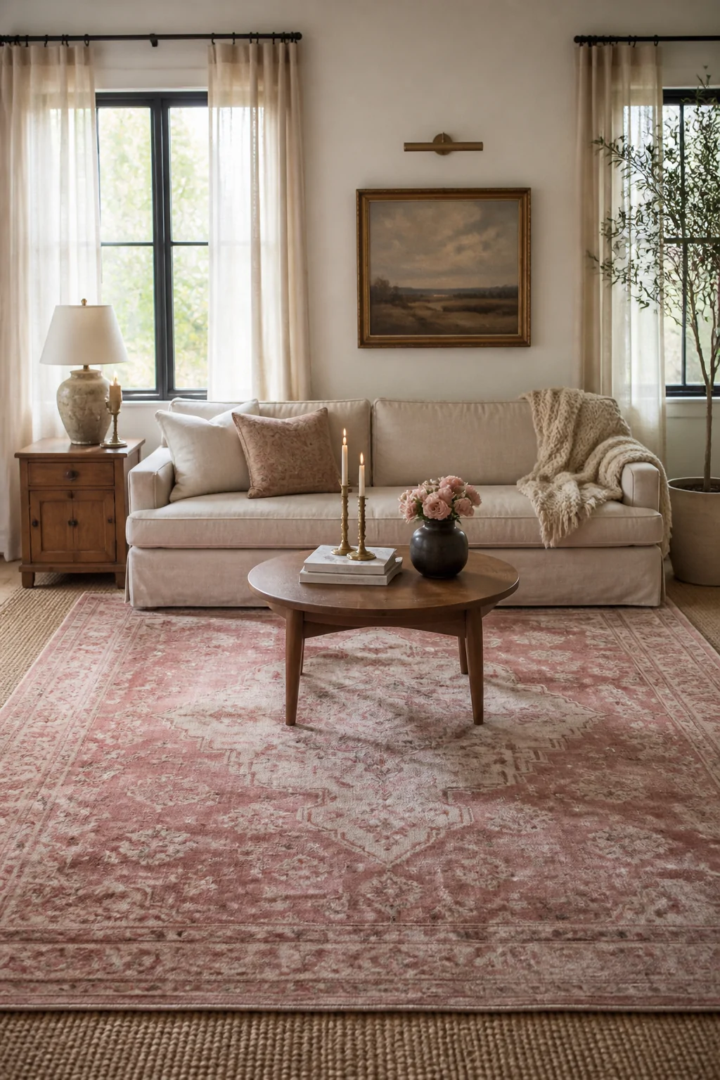 Wide room shot of a sunlit living room featuring a large 8x10 dusty rose Persian-inspired vintage rug with faded pink and cre