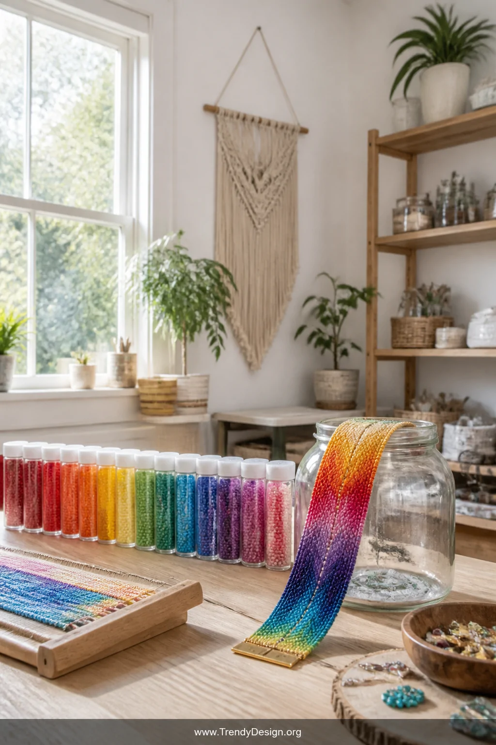 A wide shot of a bright boho-styled craft room workspace with white walls, a wooden worktable scattered with organized rows o