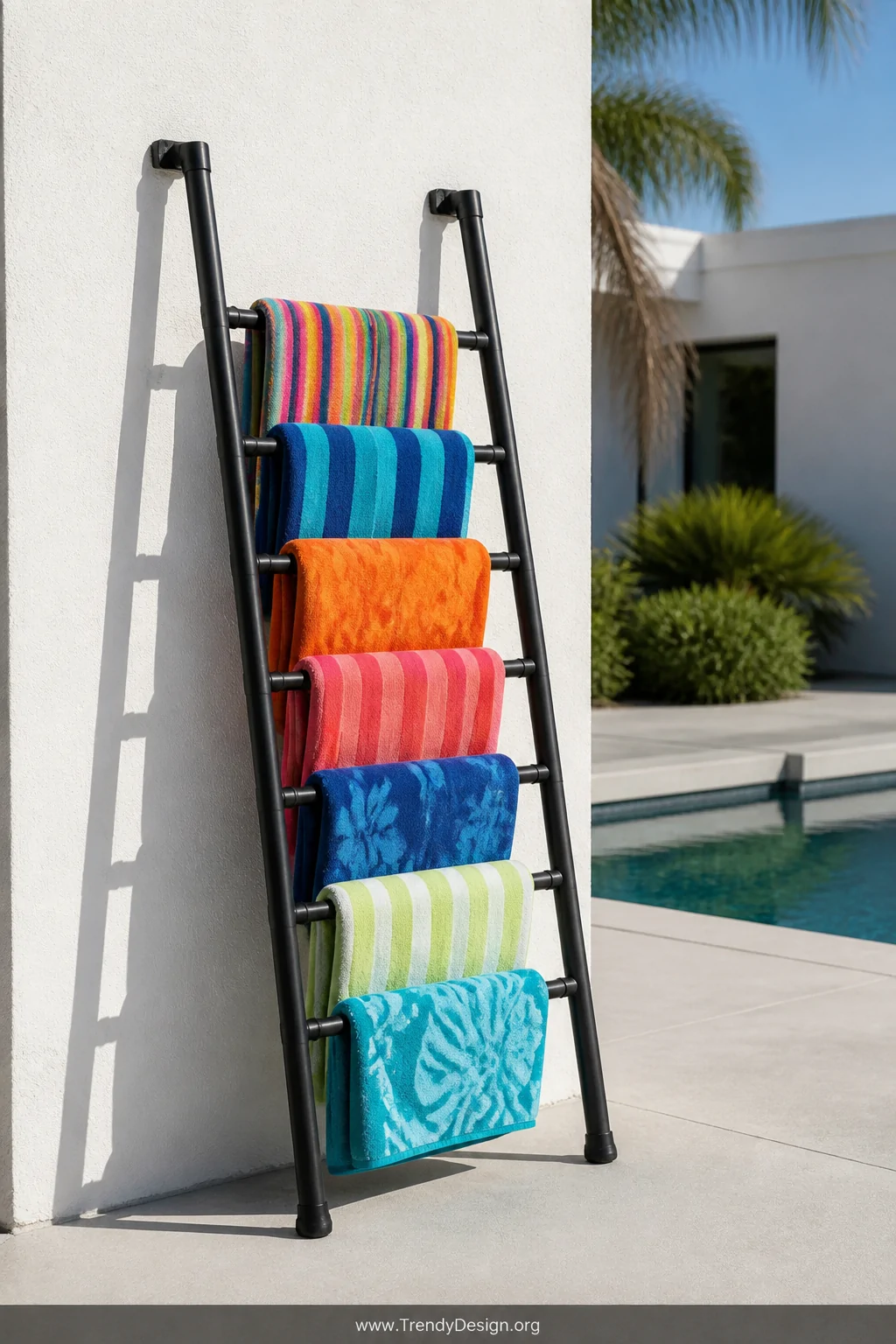 A medium shot of a freestanding DIY ladder-style towel rack built from matte black spray-painted PVC pipe, six to eight thick