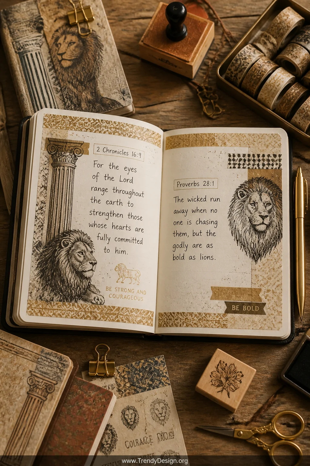 A medium overhead shot of an open decorated composition notebook on a rustic wooden desk, its cover adorned with imagery of l