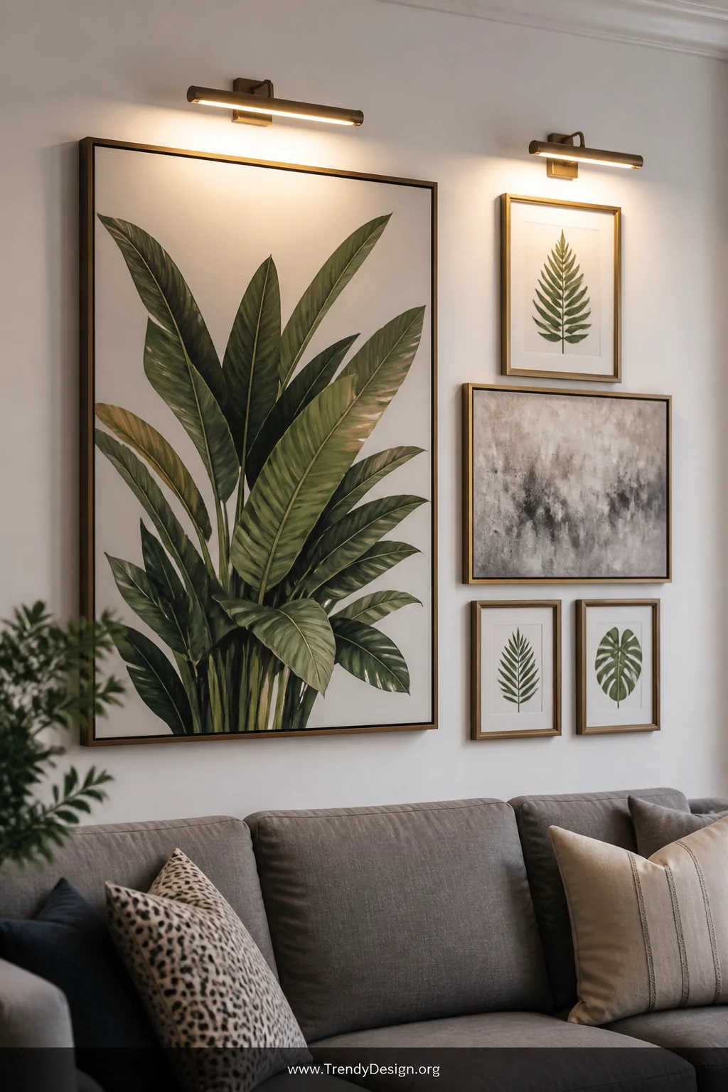 Detail shot of a gallery wall above a grey sofa featuring one oversized framed botanical print with lush green leaves as the 
