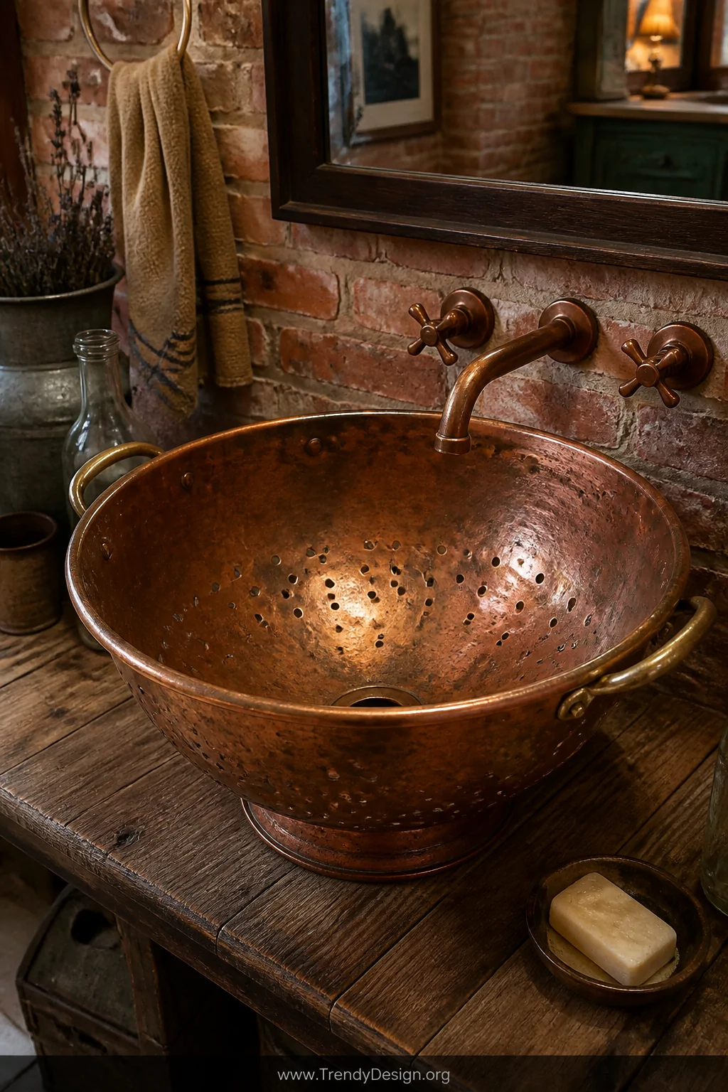 A closeup detail shot of an oversized aged copper colander vessel sink with holes filled with clear epoxy resin, the warm pat