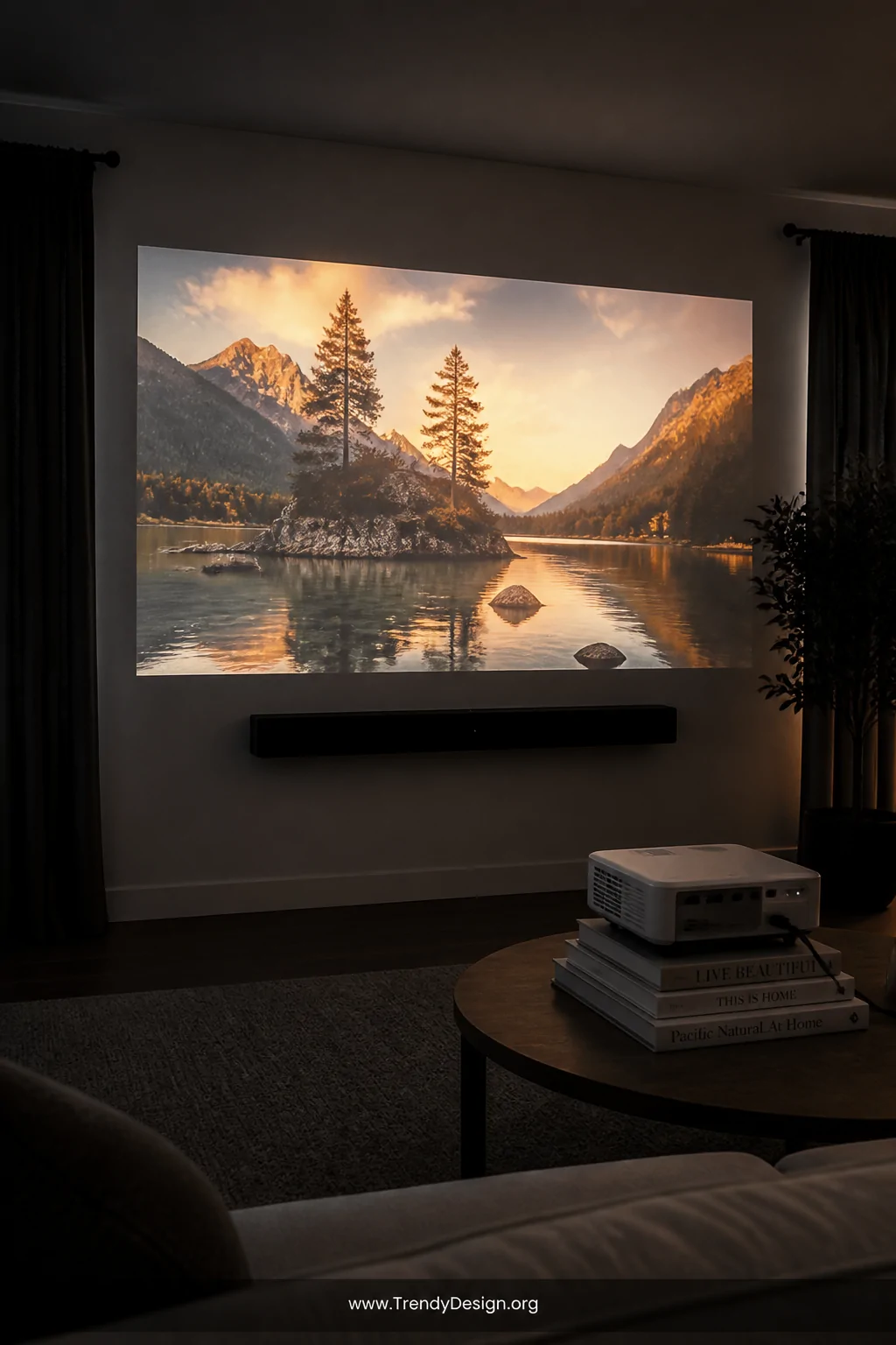 Medium wide shot of a living room projector setup with a bright crisp image displayed on a smooth light gray wall, the projec