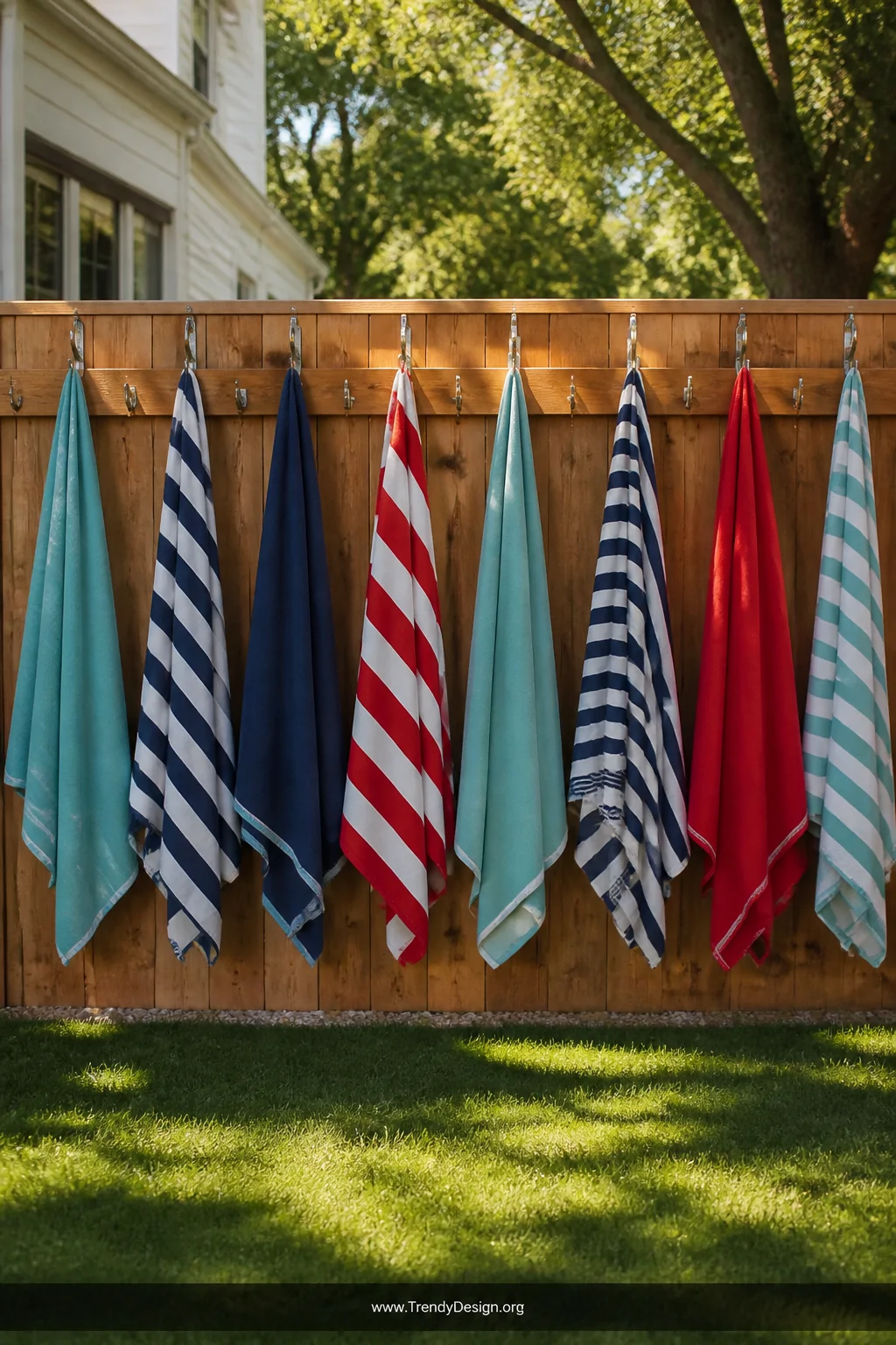 A wide shot of a natural cedar backyard fence with eight evenly spaced stainless steel over-the-door hooks mounted across the