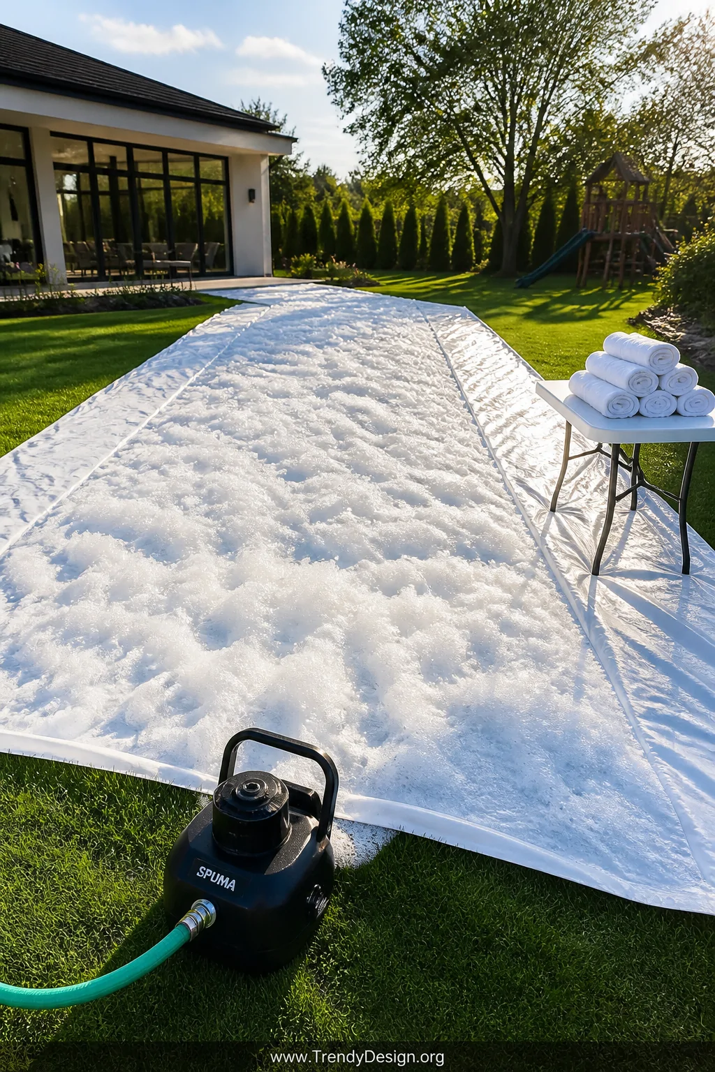 Medium photorealistic backyard party scene showing a white plastic tarp completely blanketed in dense white foam bubbles stre