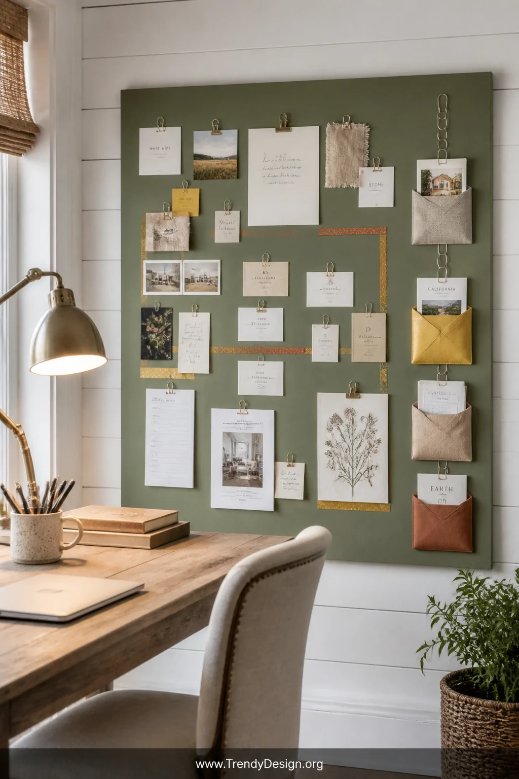 Wide shot of a bright home office nook with a large painted sage green corkboard mounted on a white shiplap wall, covered in 