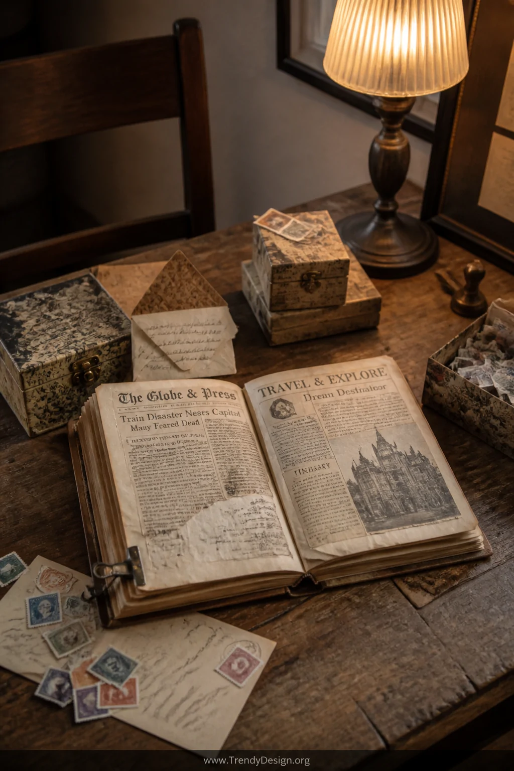 A medium shot of a rustic wooden farmhouse table displaying an open travel journal with distressed yellowed newspaper-typogra