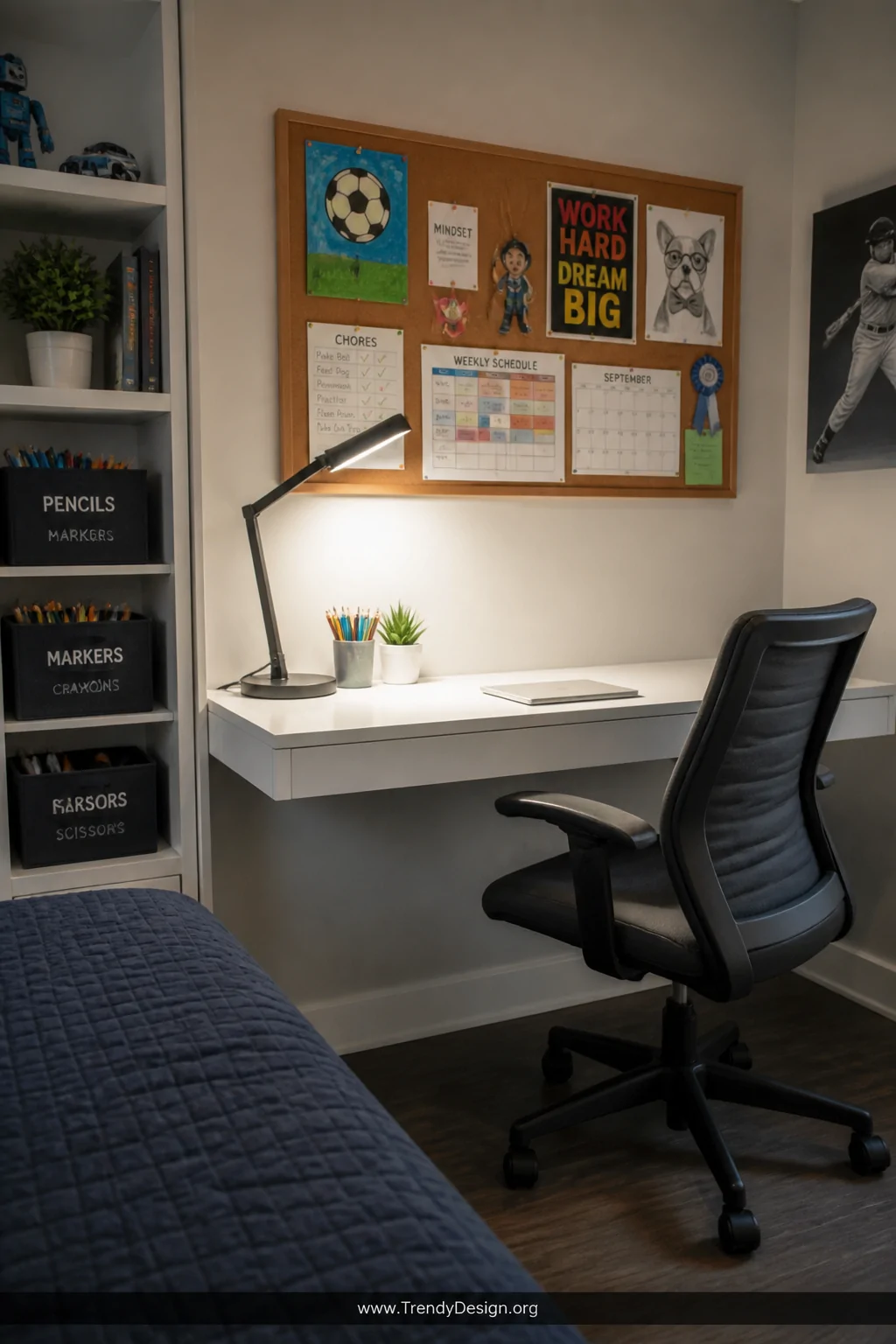 Medium shot of a compact boys study nook in a bedroom corner, featuring a white wall-mounted floating desk with a bright focu