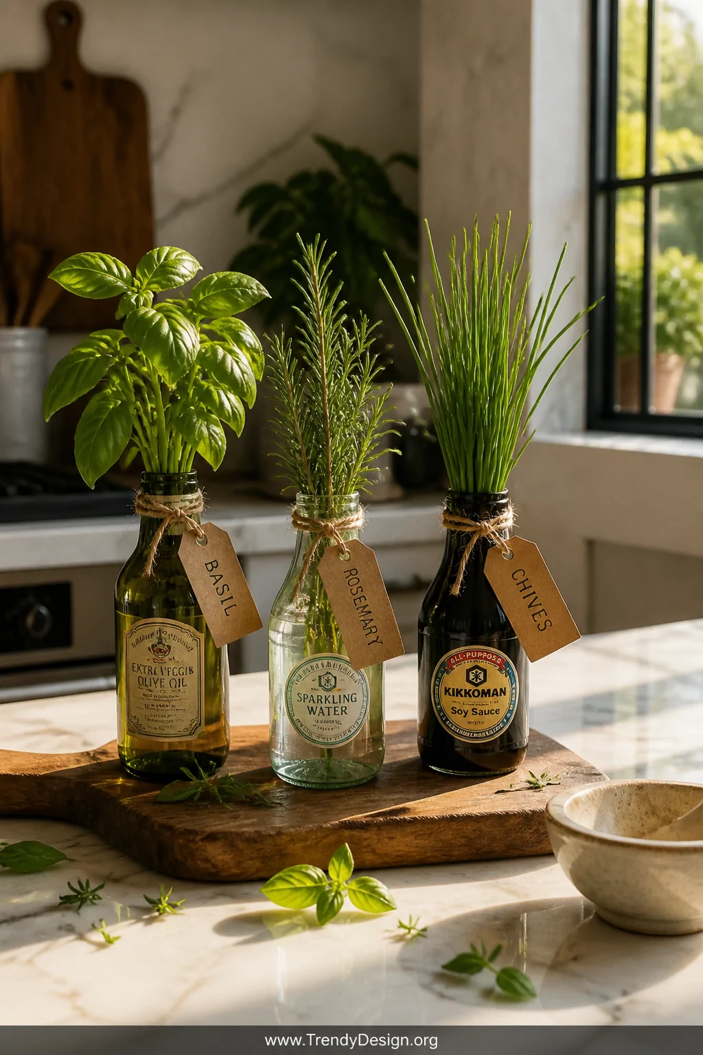 A styled kitchen vignette on a worn wooden cutting board featuring an eclectic collection of repurposed olive oil, sparkling 