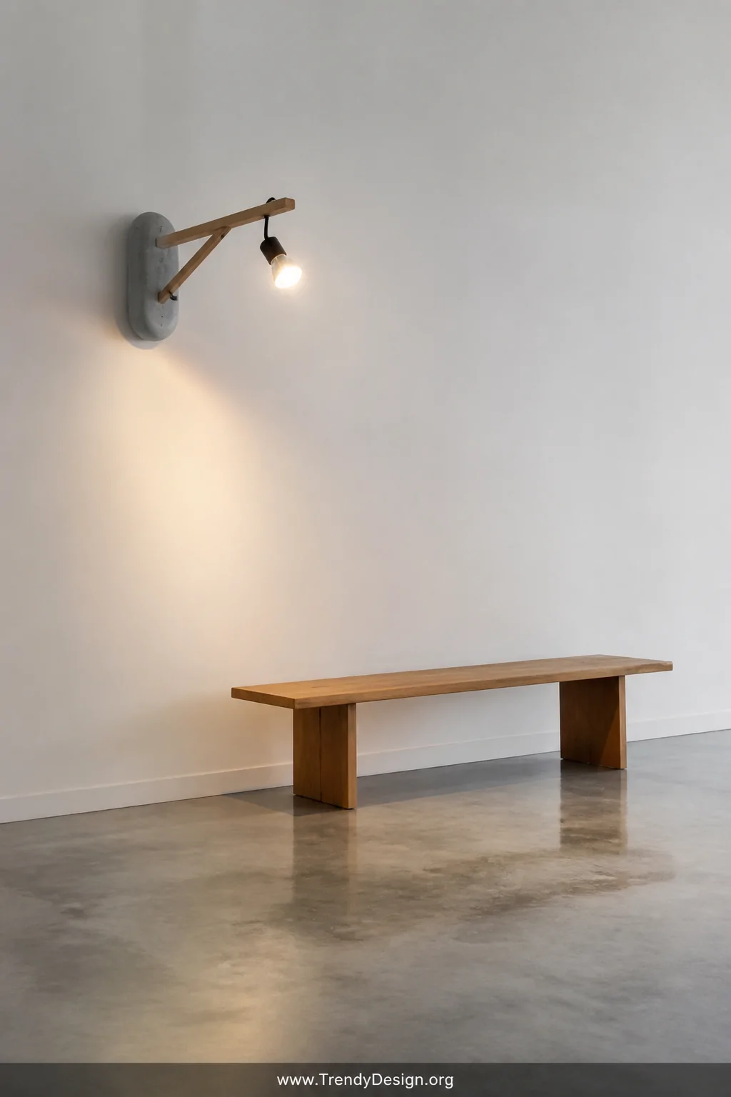 A wide shot of a spare minimalist interior featuring a wall lamp with a smooth matte gray concrete base paired with a slim na