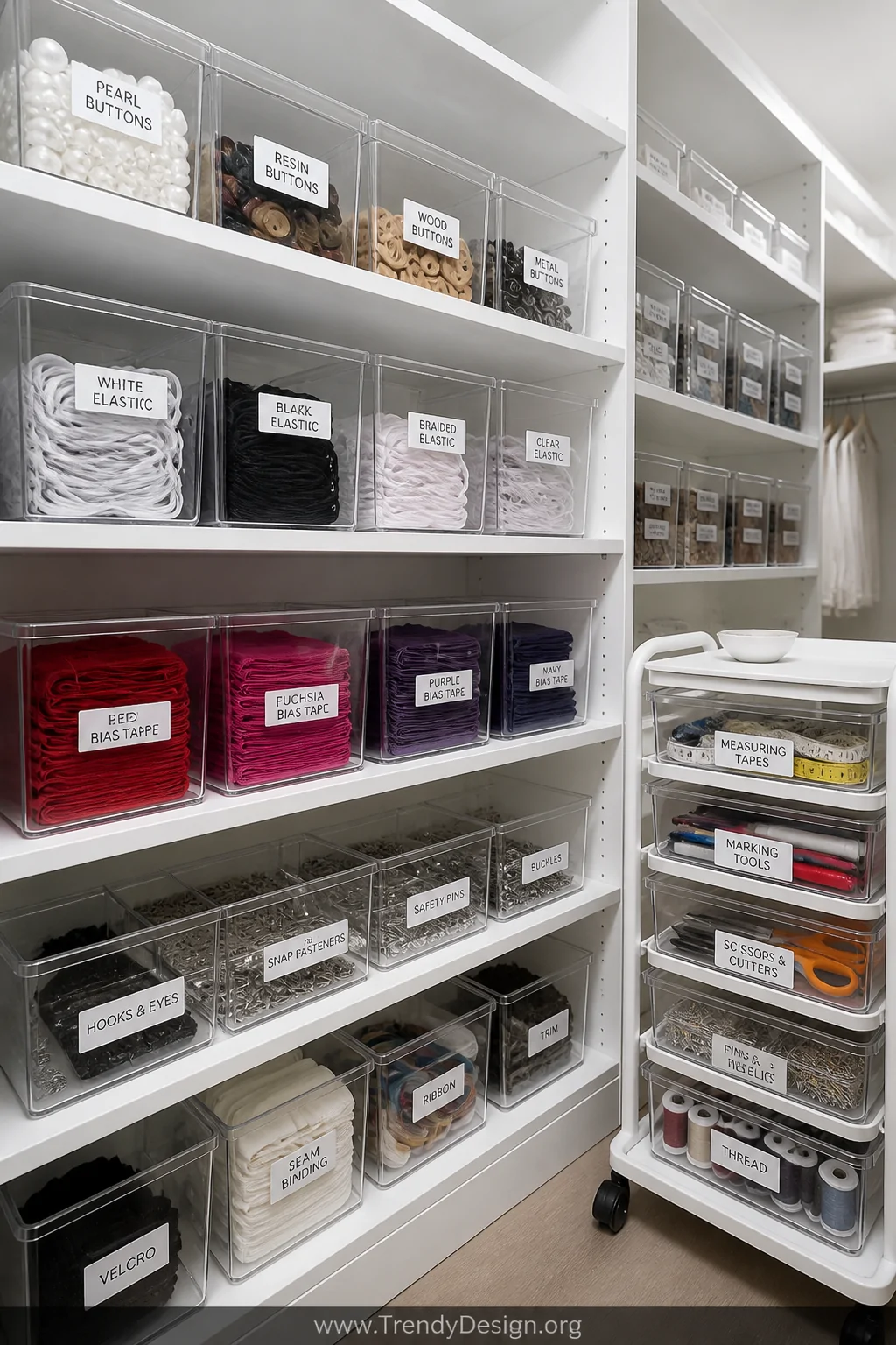 Medium photorealistic interior shot of a white closet shelf system lined with uniform stackable clear acrylic bins, each fill