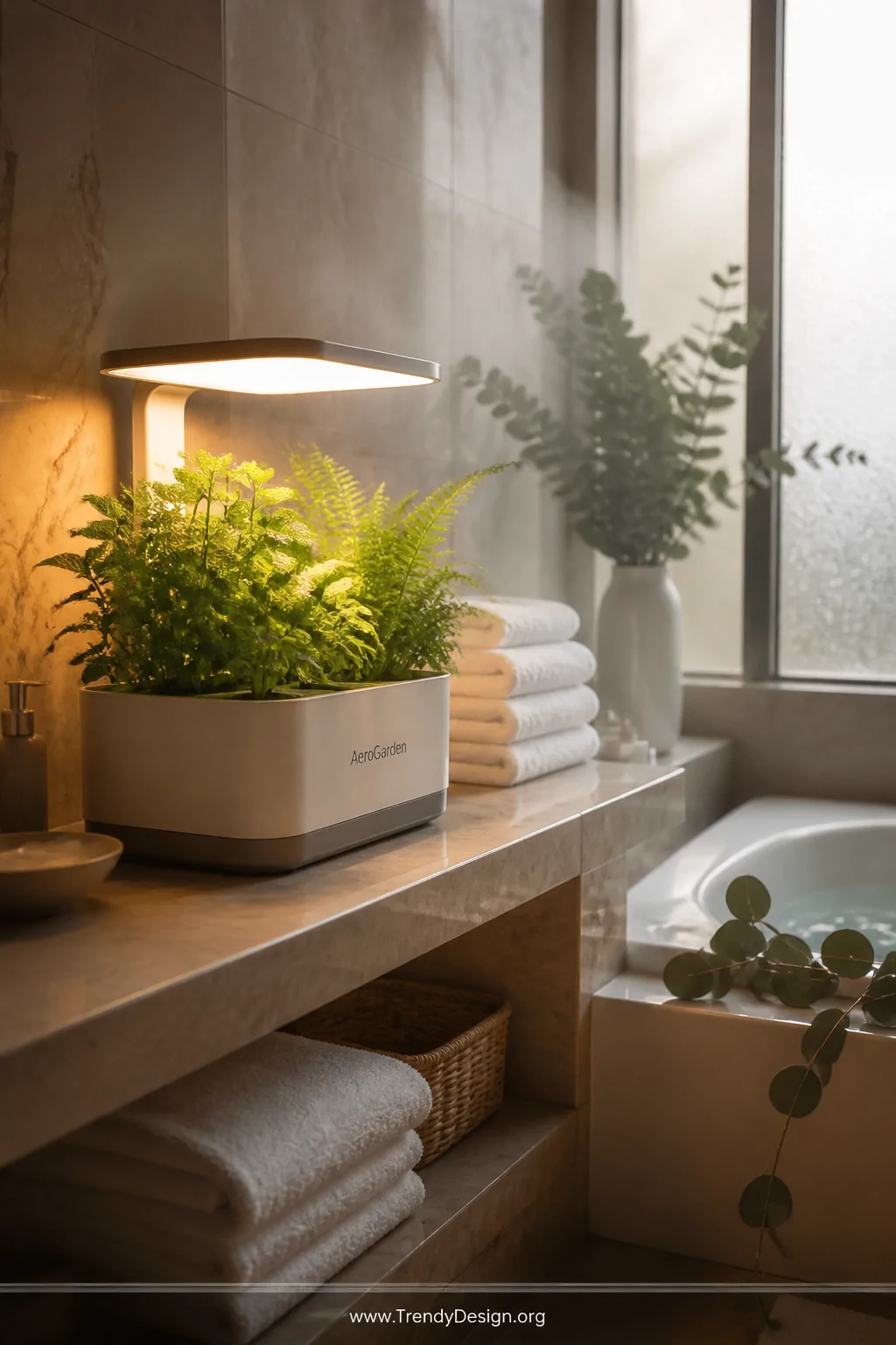 Wide shot of a serene spa-like bathroom with a small Aerogarden unit placed on a marble waterproof shelf growing lush green m