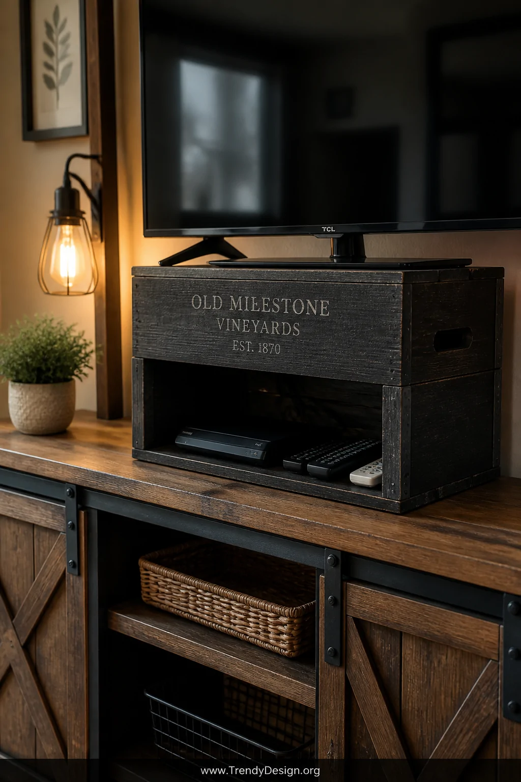A medium shot of a rustic living room vignette featuring a weathered wooden wine crate flipped upside down as a TV riser on a