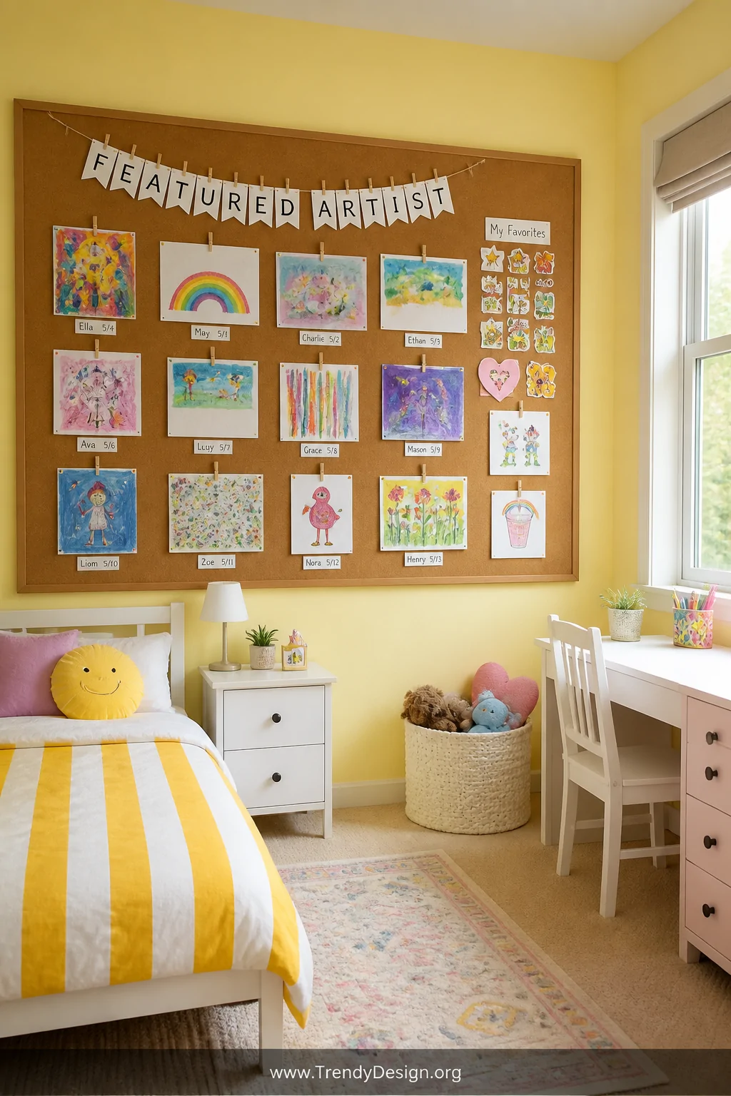 Wide shot of a bright and playful children's bedroom featuring a large oversized cork board mounted at child's eye level on a