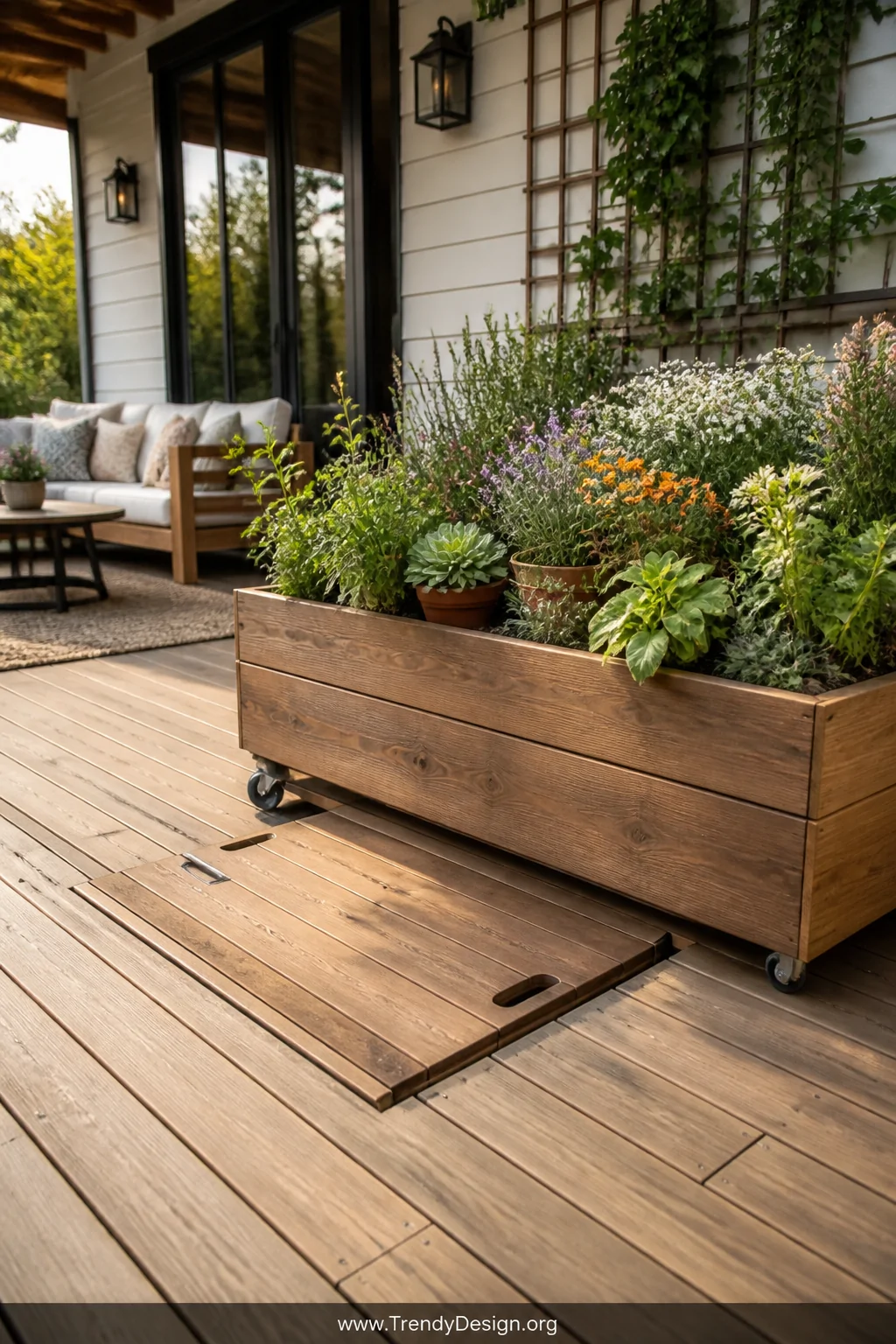 Medium-wide photorealistic shot of a charming built-in wooden planter box sitting atop a deck, planted with lush green succul
