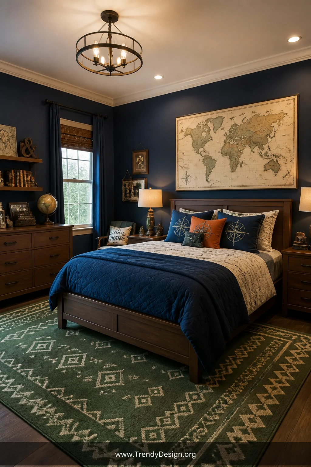 Wide-angle photorealistic shot of a boys bedroom styled around an adventure and exploration theme, featuring deep navy blue w