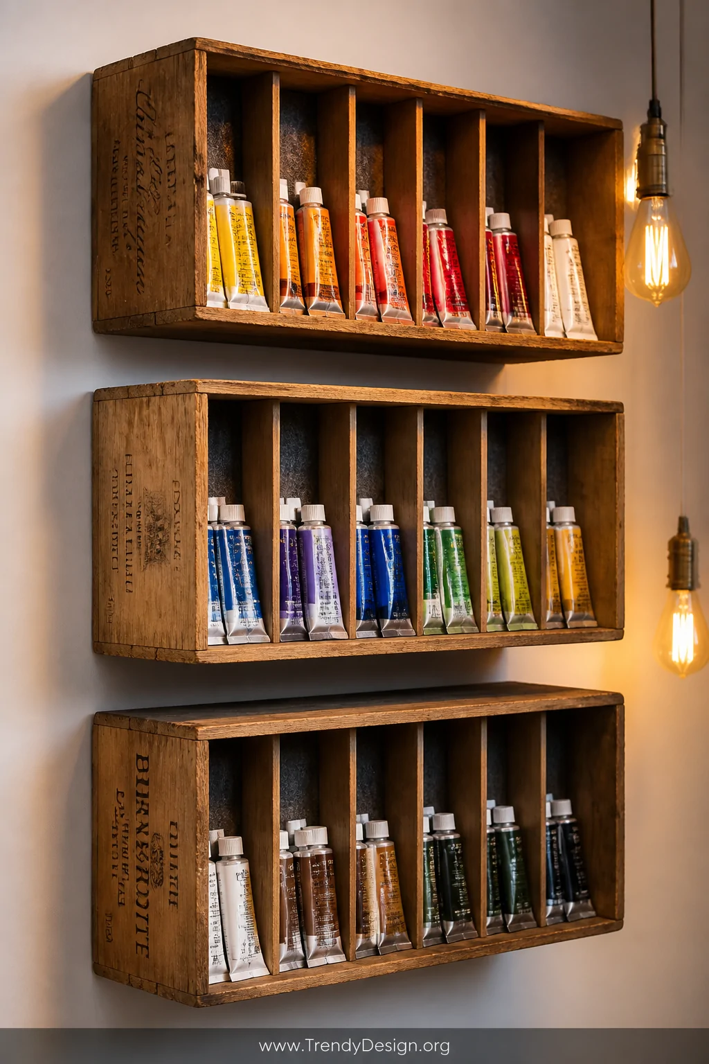 Medium shot of three weathered, raw-wood wine crates mounted sideways on a white studio wall in a staggered vertical stack, t