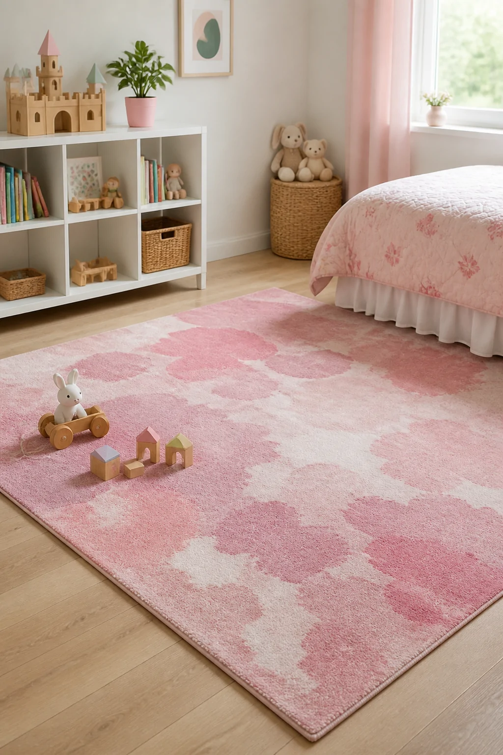 Medium shot of a bright kids' bedroom featuring a low-pile pink polypropylene rug with playful watercolor splotch patterns in