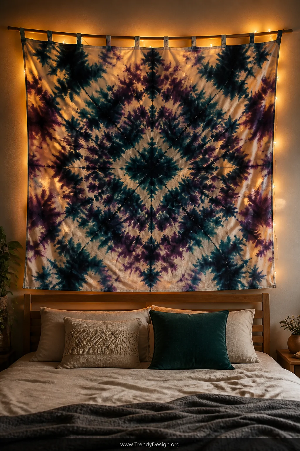 Medium shot of a large cotton tie dye tapestry with abstract fluid mandala-inspired patterns in deep teal, violet, and cream 