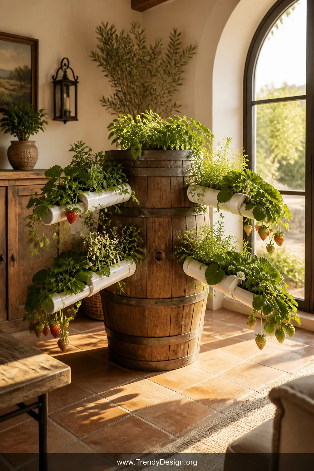 A sunlit farmhouse living room corner featuring a weathered oak wine barrel as a central reservoir, with four white PVC chann