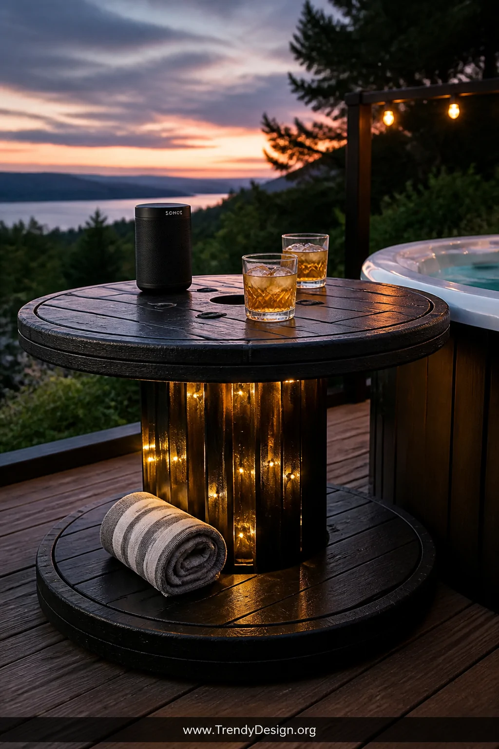 A medium photorealistic outdoor shot of a large industrial wooden cable reel repurposed as a hot tub side table, painted matt