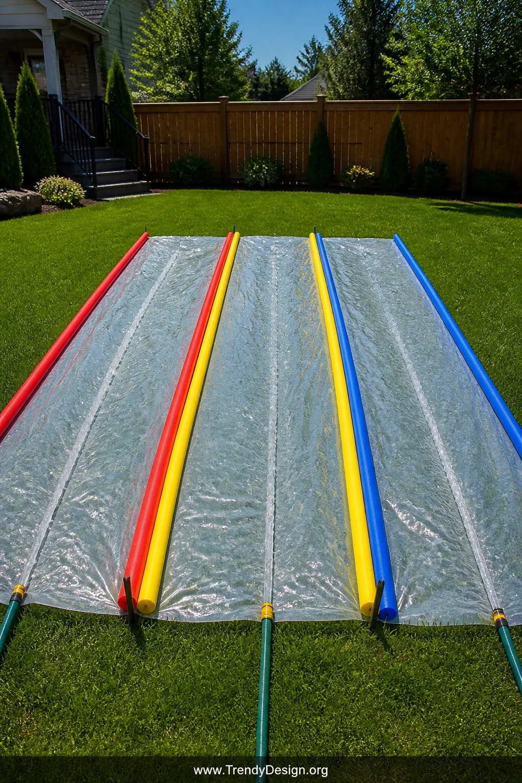 Wide photorealistic backyard scene featuring three parallel plastic tarps laid side by side on flat green grass, separated by