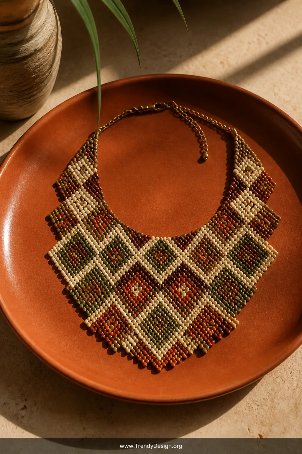 A medium overhead shot on a rich terracotta-colored ceramic plate displaying a geometric diamond pony bead necklace in deep e