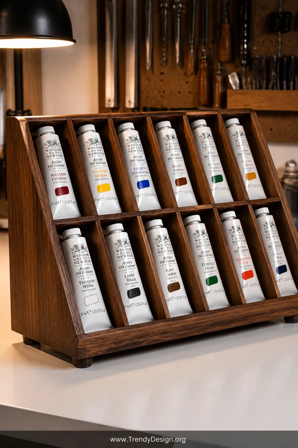 Close-up medium shot of a beautifully handcrafted wooden display box with angled compartments set at 45 degrees, built from w
