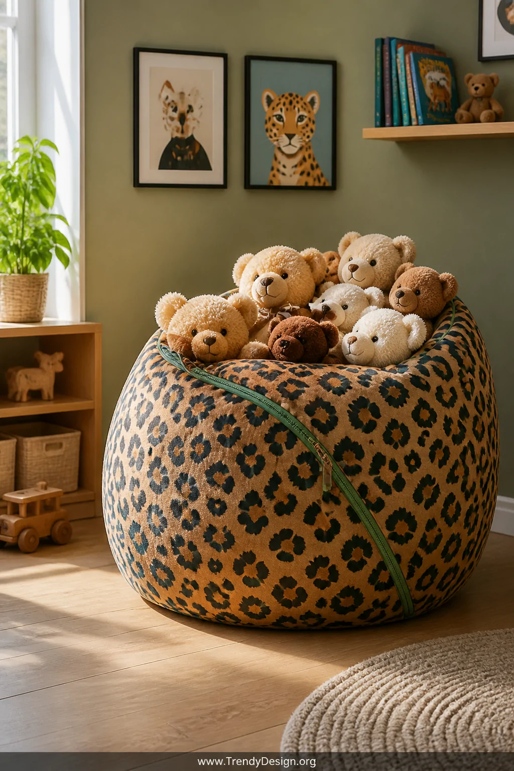 Medium shot of a cheerful children's playroom featuring a large zippered bean bag chair stuffed full of plush teddy bears cre