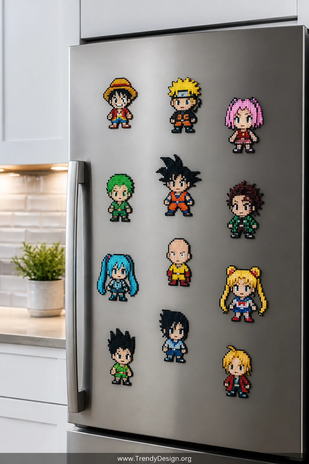 Medium shot of a stainless steel refrigerator door decorated with a scattered arrangement of small chibi-style anime Perler b
