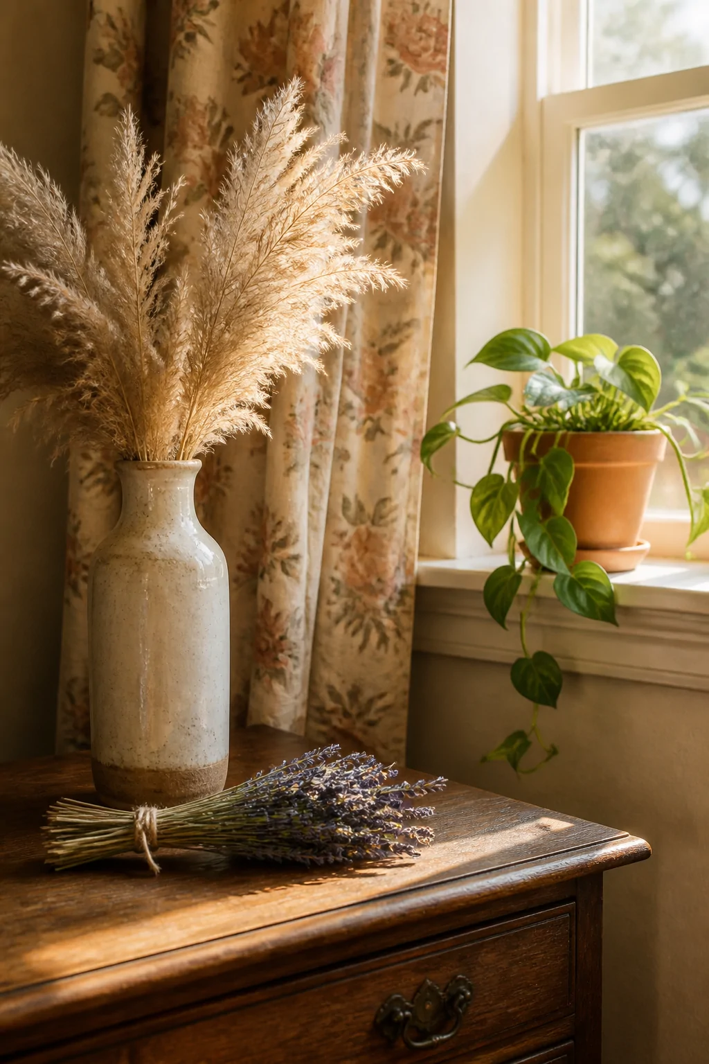 Closeup detail shot of a sunlit bedroom windowsill and dresser vignette featuring a tall cream ceramic vase holding dried pam
