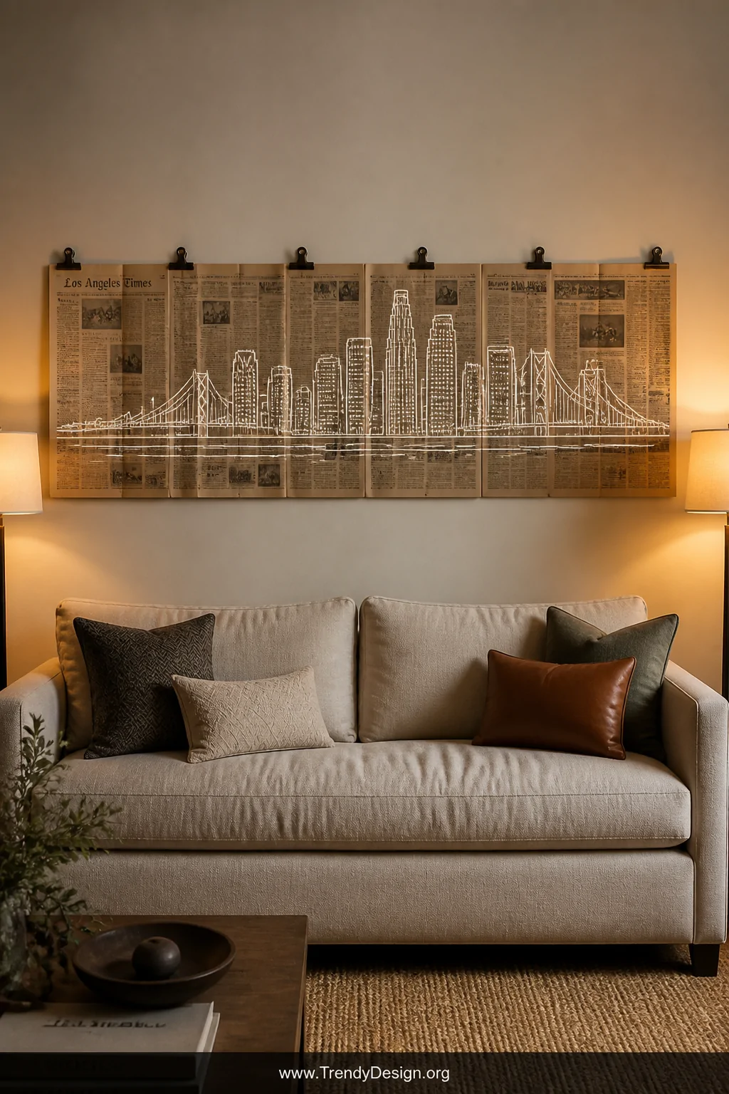 A wide horizontal shot above a linen upholstered sofa showing a long panoramic newspaper art piece spanning multiple taped ne