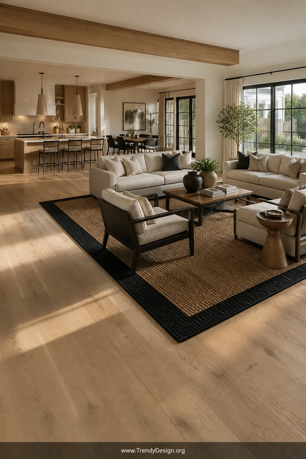 Wide shot of an open-plan living space with pale bleached hardwood floors layered with a large black and natural jute area ru