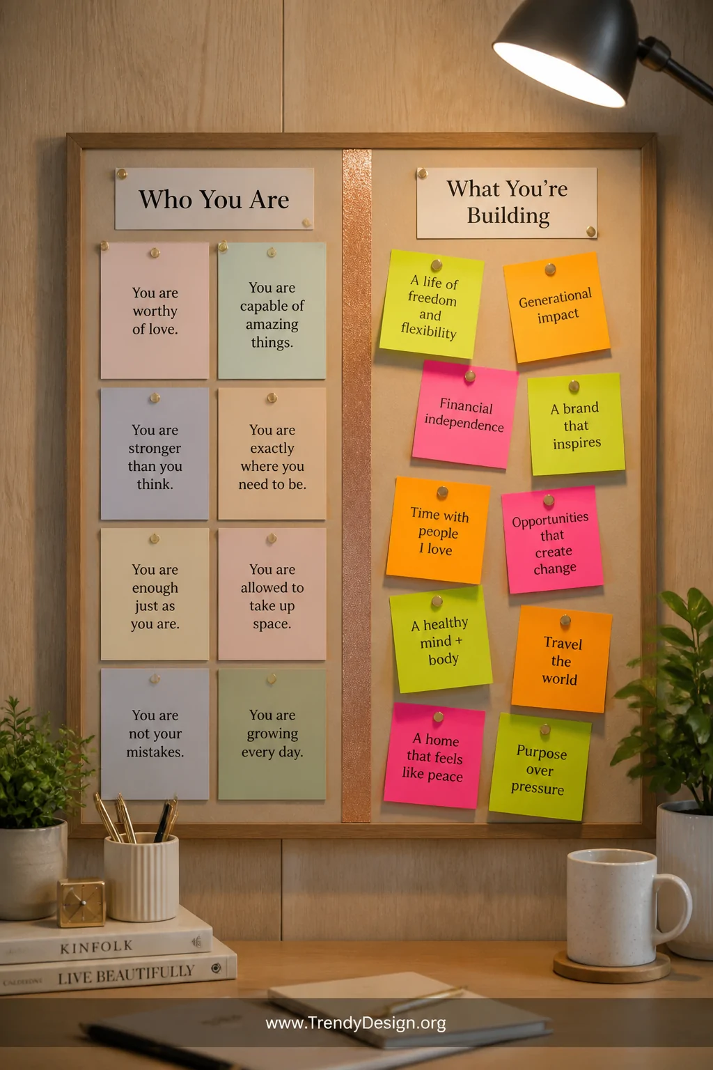 A medium shot of a home office or classroom bulletin board split precisely down the middle by a thick stripe of rose gold was