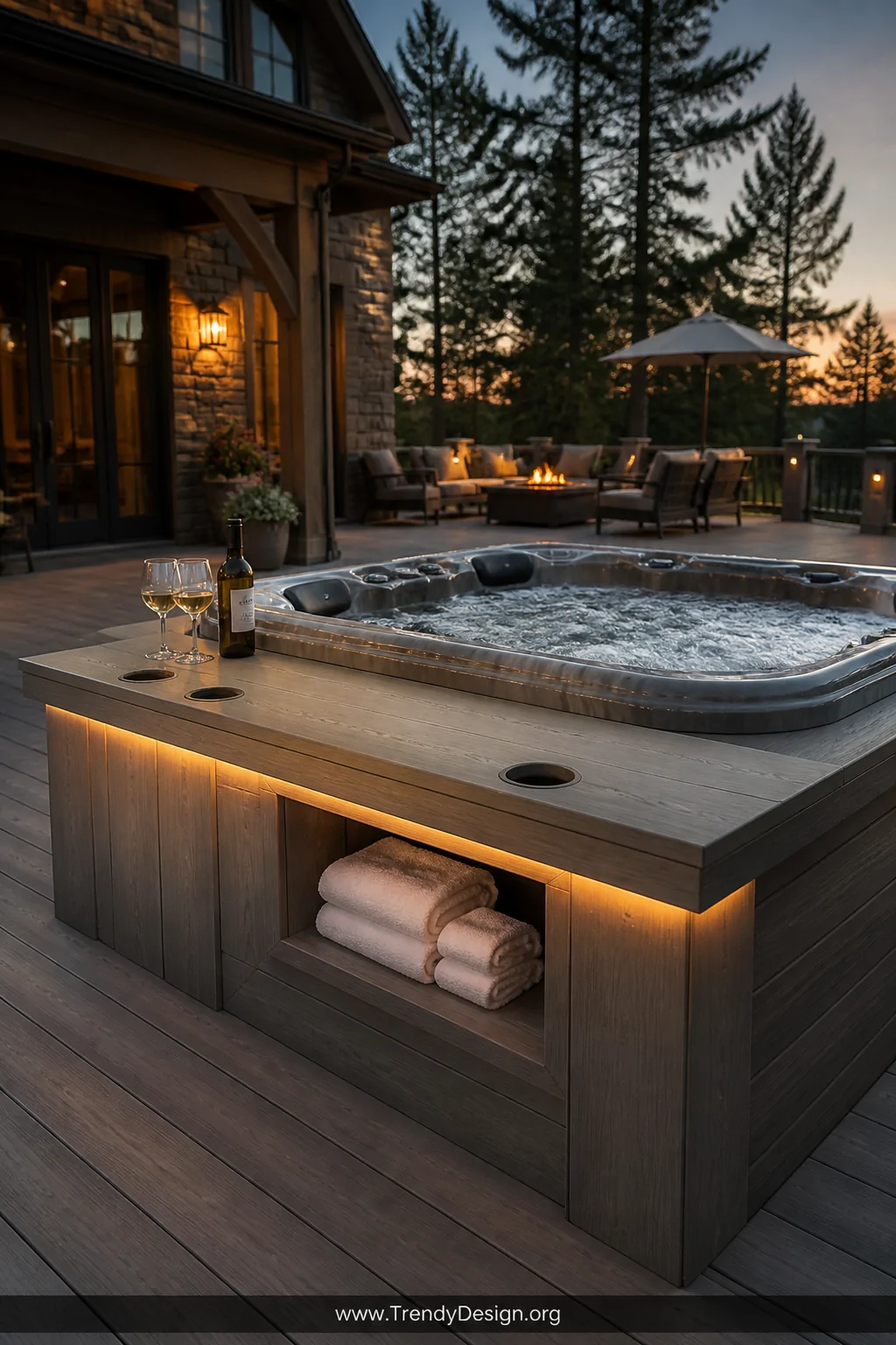 A wide photorealistic shot of a resort-style built-in hot tub deck with a seamlessly integrated composite wood-grain table su